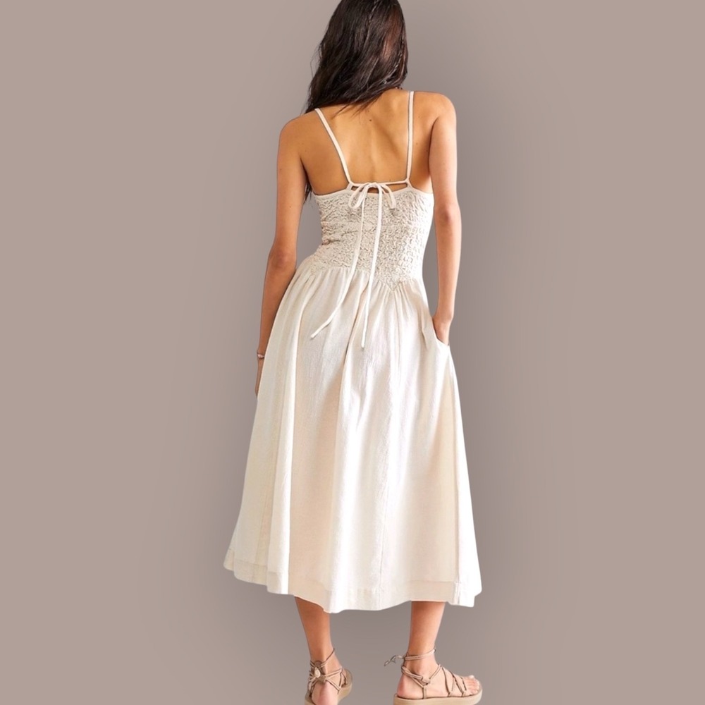 Free People Endless Summer Ivory 100% Cotton Smocked Midi Dress Large Pockets - Picture 3 of 14